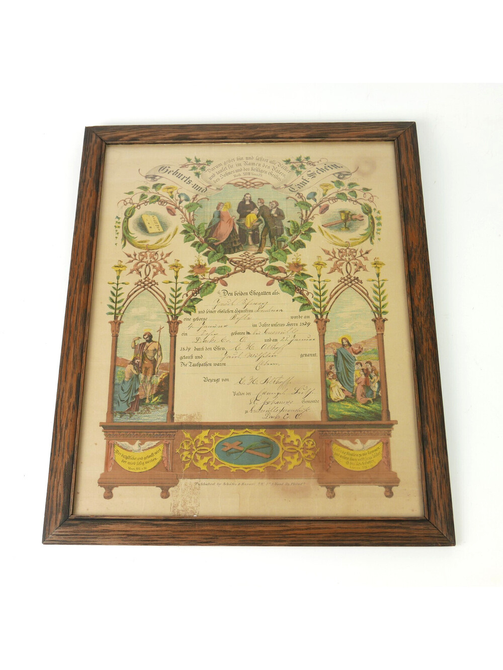 1874 Pennsylvania Dutch Fraktur Birth Baptism Certificate Schafer Koradi Framed